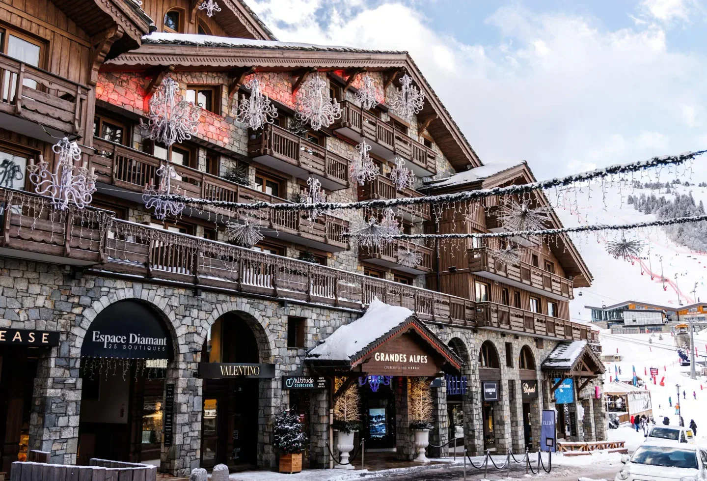 Exterior of Sylvestre Wahid - Les Grandes Alpes restaurant in Courchevel, a luxury ski resort.